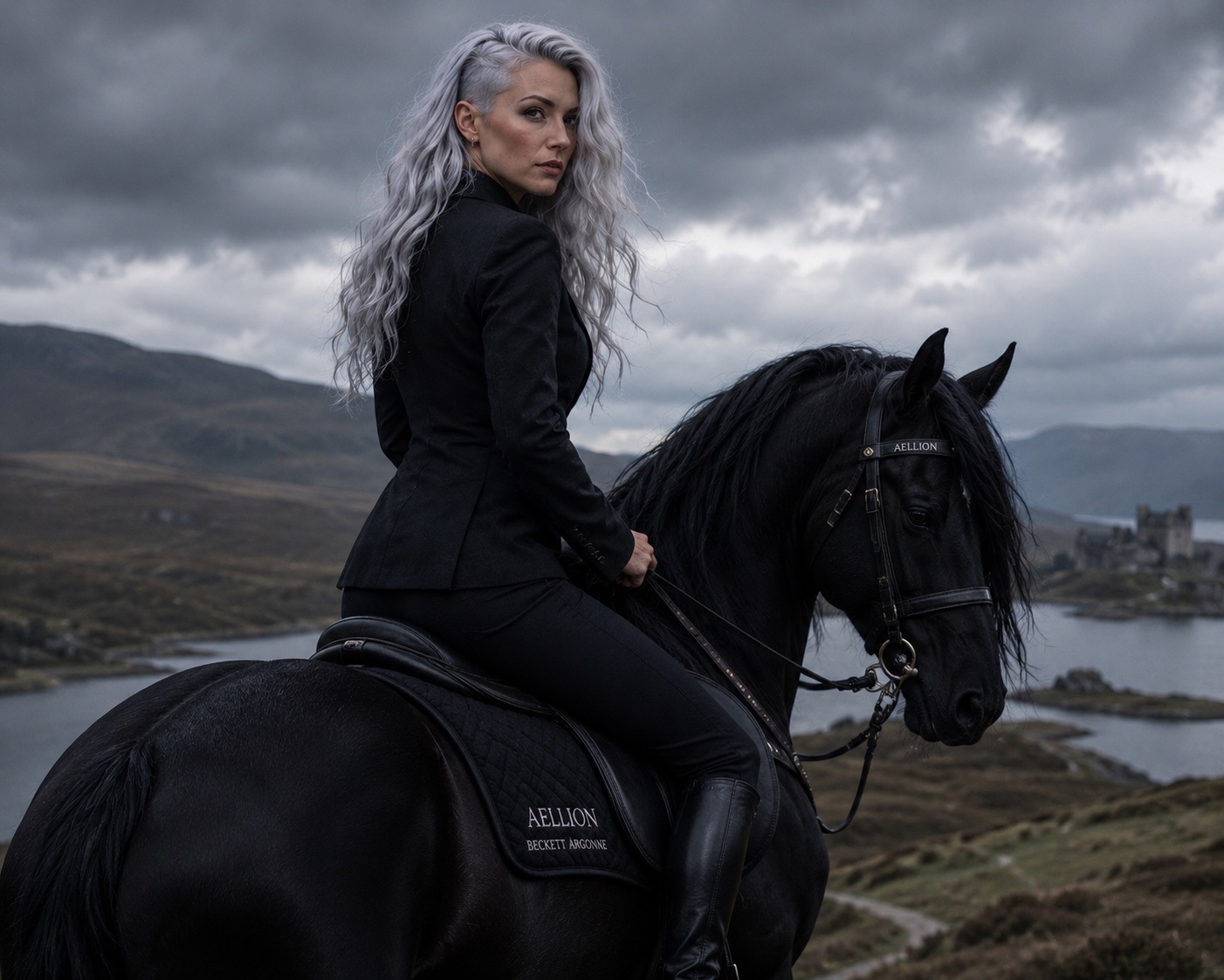 Beckett looking back while riding her black horse Aellion through the Scottish Highlands