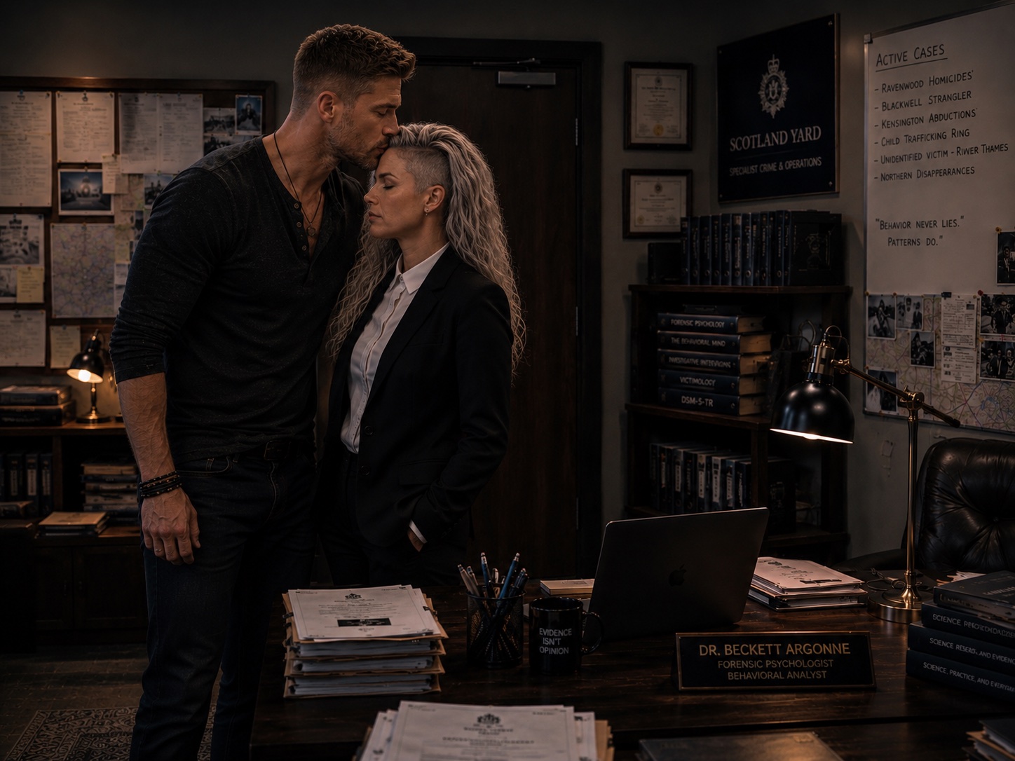 Sean Caladfin kissing Beckett’s forehead in her Scotland Yard office