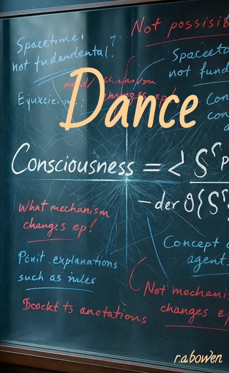 Dance front cover with a chalkboard of consciousness equations and converging lines