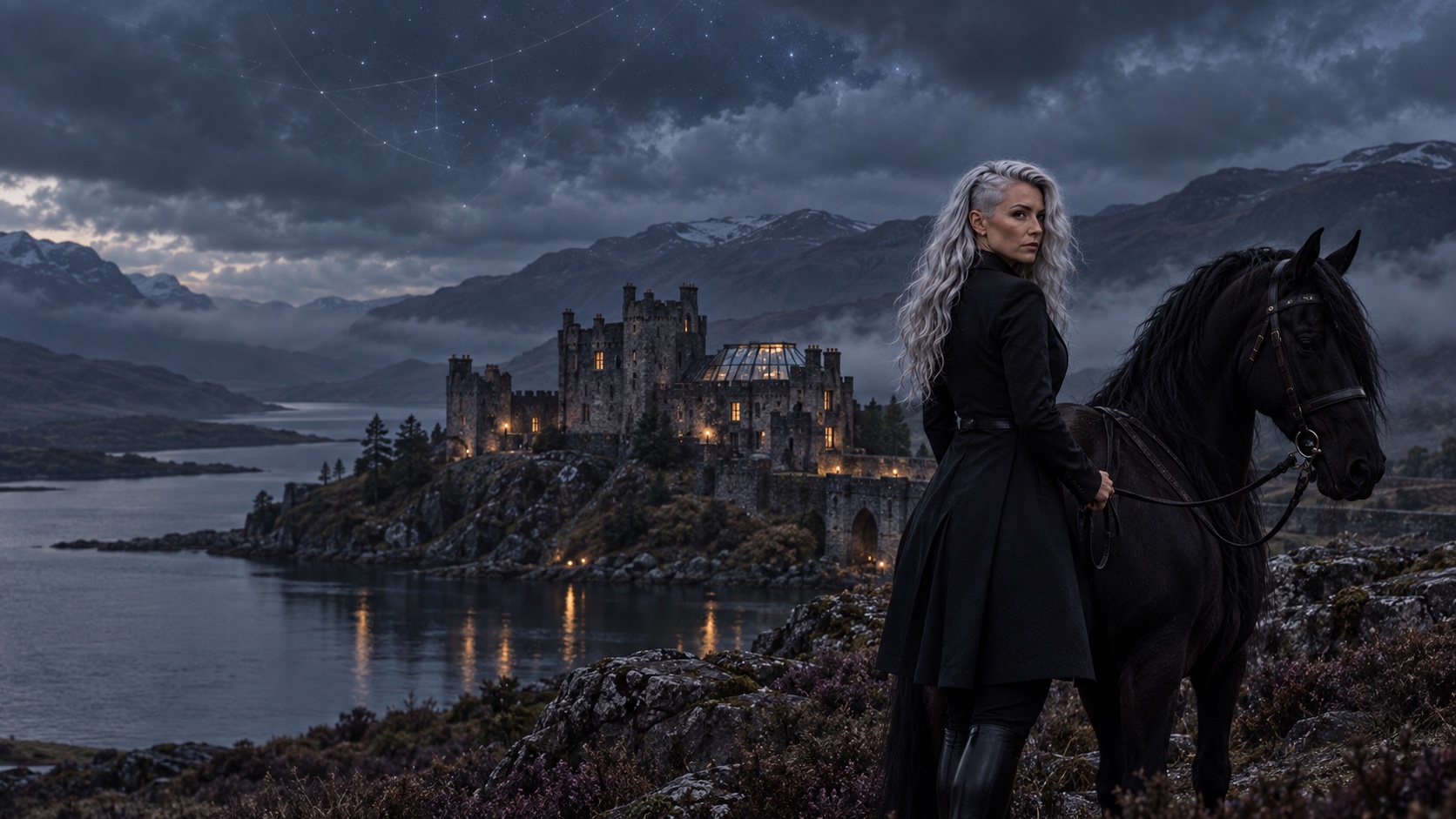 Beckett Argonne standing with her black horse Aellion above Dell Castle and a Highland loch at night