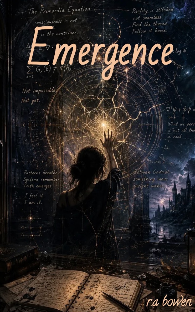 Emergence front cover with cosmic equations and a figure reaching toward a luminous pattern