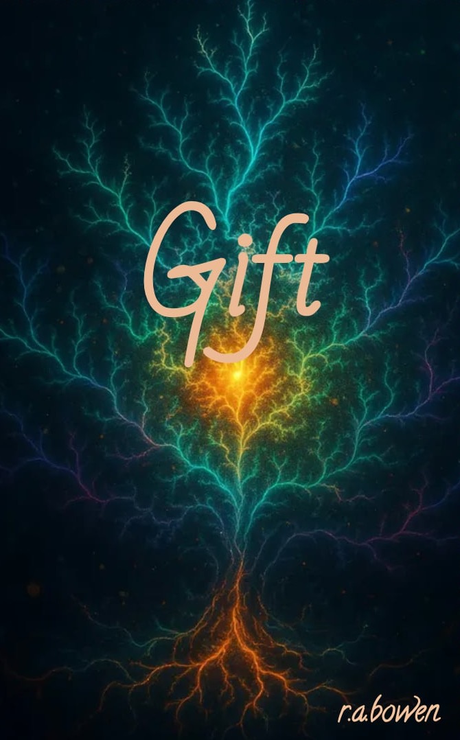 Gift front cover with a luminous branching tree of teal and gold energy